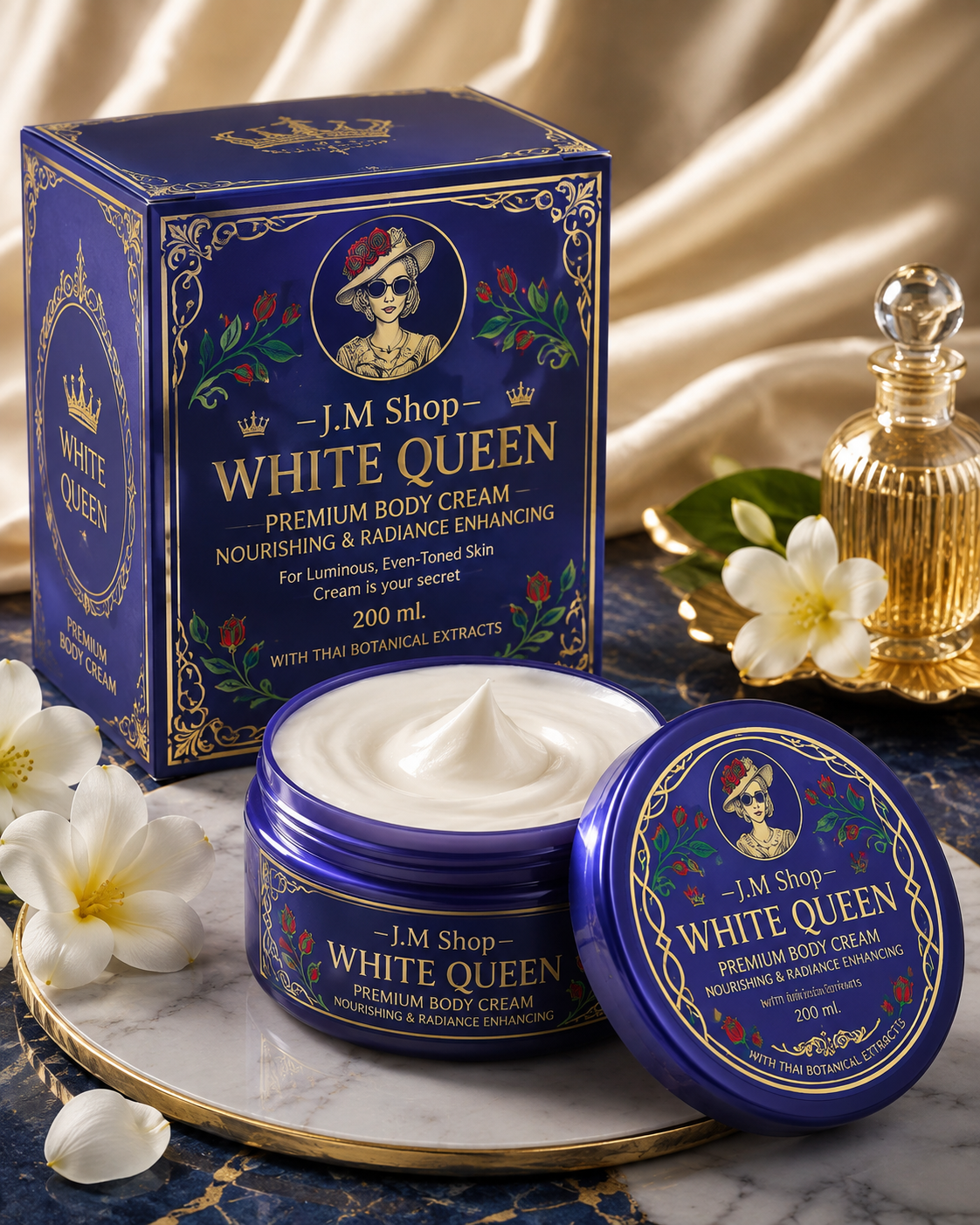 White Queen product back label displayed with turmeric and botanicals